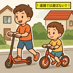 キックボードやキックバイクは遊具です。道路で遊ばないでください。
