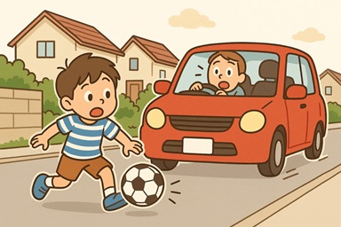 道路で遊んでいる子どもが車とぶつかりそうな様子